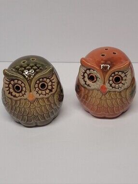Vintage Ceramic Owl Salt and Pepper Shaker Set - Green and Orange